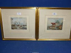 A pair of mounted watercolours (?) depicting horses, sheep and donkeys and cattle and sheep,