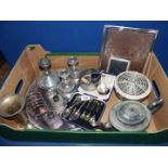 A quantity of silver plated items including; candlesticks, rose bowl, tray, toast rack, inkwells,