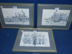 Three framed and mounted Morgan Llewellyn Pencil and Wash paintings of Venice to include;