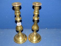 A pair of heavy brass candlesticks, 11 1/4" tall.