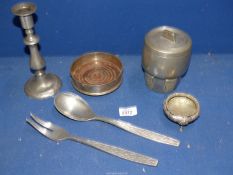 A small quantity of silver plate and pewter including EPNS salt, plated wine coaster, T.H.
