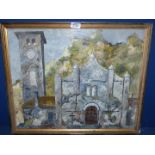 A framed Oil on board depicting a religious building with tower, initialed 'P.N.S'.