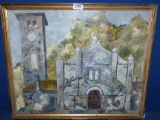 A framed Oil on board depicting a religious building with tower, initialed 'P.N.S'.