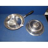 A large Victorian silver plated serving pan with wood handle and three internal compartments by