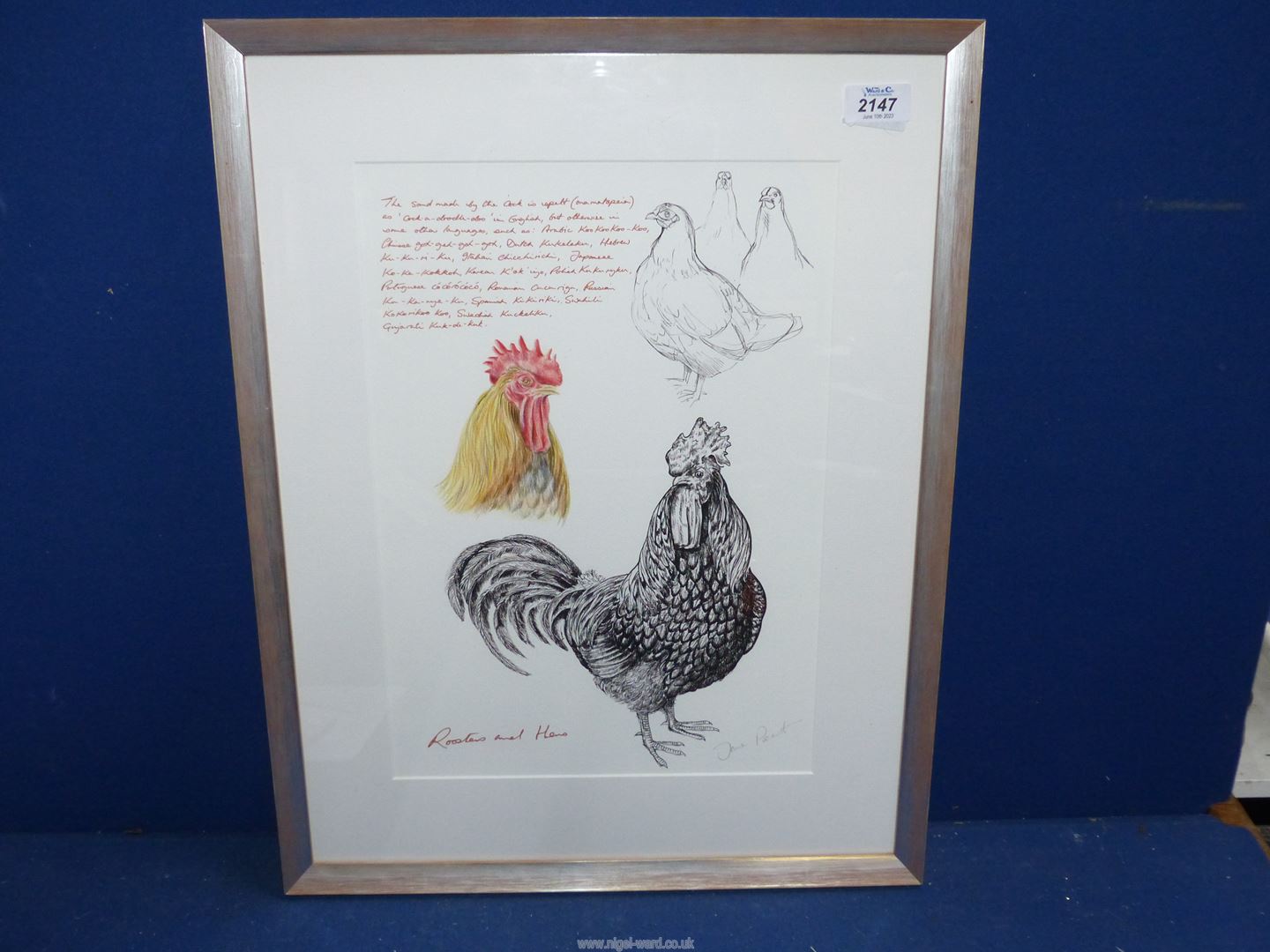 A framed and mounted Print study titled 'Roosters and Hens',