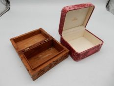 An Omega Watch Box and a carved wood trinket/cigarette box decorated with stylised trailing foliage,