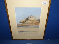 A framed and mounted Watercolour depicting an Arabic seascape with a Mosque on a hill,