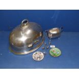 A quantity of silver plated items including; Walker & Hall sugar bowl, two "billy" goat knife rests,