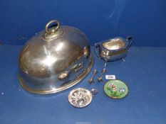 A quantity of silver plated items including; Walker & Hall sugar bowl, two "billy" goat knife rests,