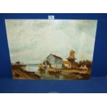 An unframed, unsigned Oil on board depicting barges unloading harvest by a windmill.