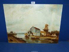 An unframed, unsigned Oil on board depicting barges unloading harvest by a windmill.