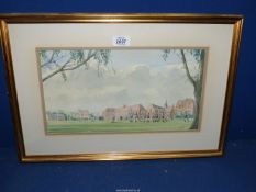 A framed and mounted Watercolour depicting boys playing rugby (possibly a boys school),