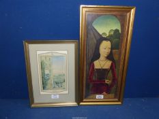 A framed print 'A Lady with a Pink' by Hans Memling and another framed print of a scene at Windsor