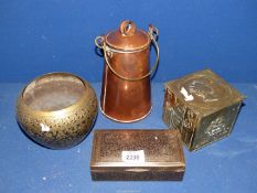 A copper pot, brass Coronation tea caddy, Indian cigarette box and a vase.