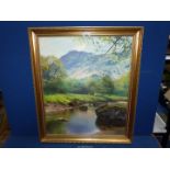 A gilt framed Oil on canvas depicting a river landscape with rugged mountains in the distance,