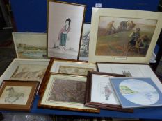 A box of pictures and prints to include; Hereford, Usk, Tenby, Cheshire, etc.