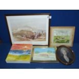 A quantity of pictures to include; an Oil on canvas of a beach scene at sunset,