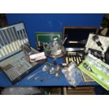 A box of silver plated items including a Walker & Hall canteen of cutlery, etc.