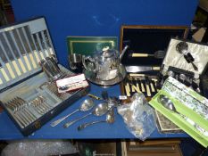 A box of silver plated items including a Walker & Hall canteen of cutlery, etc.