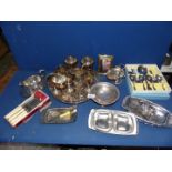 A quantity of plate including goblets, salver, sugar scuttle, jug, plus boxed knives etc.
