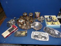 A quantity of plate including goblets, salver, sugar scuttle, jug, plus boxed knives etc.