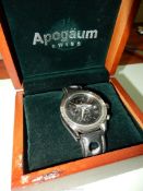 A wooden presentation cased "Apogaum Chronograph Automatic" gentleman's wristwatch having a