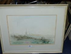 A framed and mounted Watercolour depicting a country landscape with figure sat on a bench with town