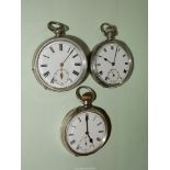 Three Silver cased Pocket Watches having Roman numerals and inset second hands, one being key wound,