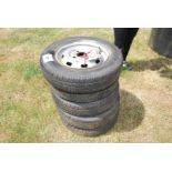 Five mixed sized Wheels and tyres including 165 R/ 15 etc.