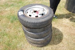 Five mixed sized Wheels and tyres including 165 R/ 15 etc.