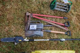 Garden tools including shovel, loppers, multi-tool chainsaw extension, etc.