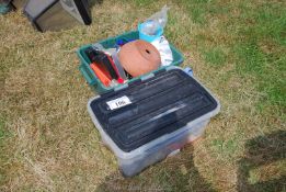 Two boxes of miscellaneous to include Le Creuset griddle pan, various tools, taps, etc.