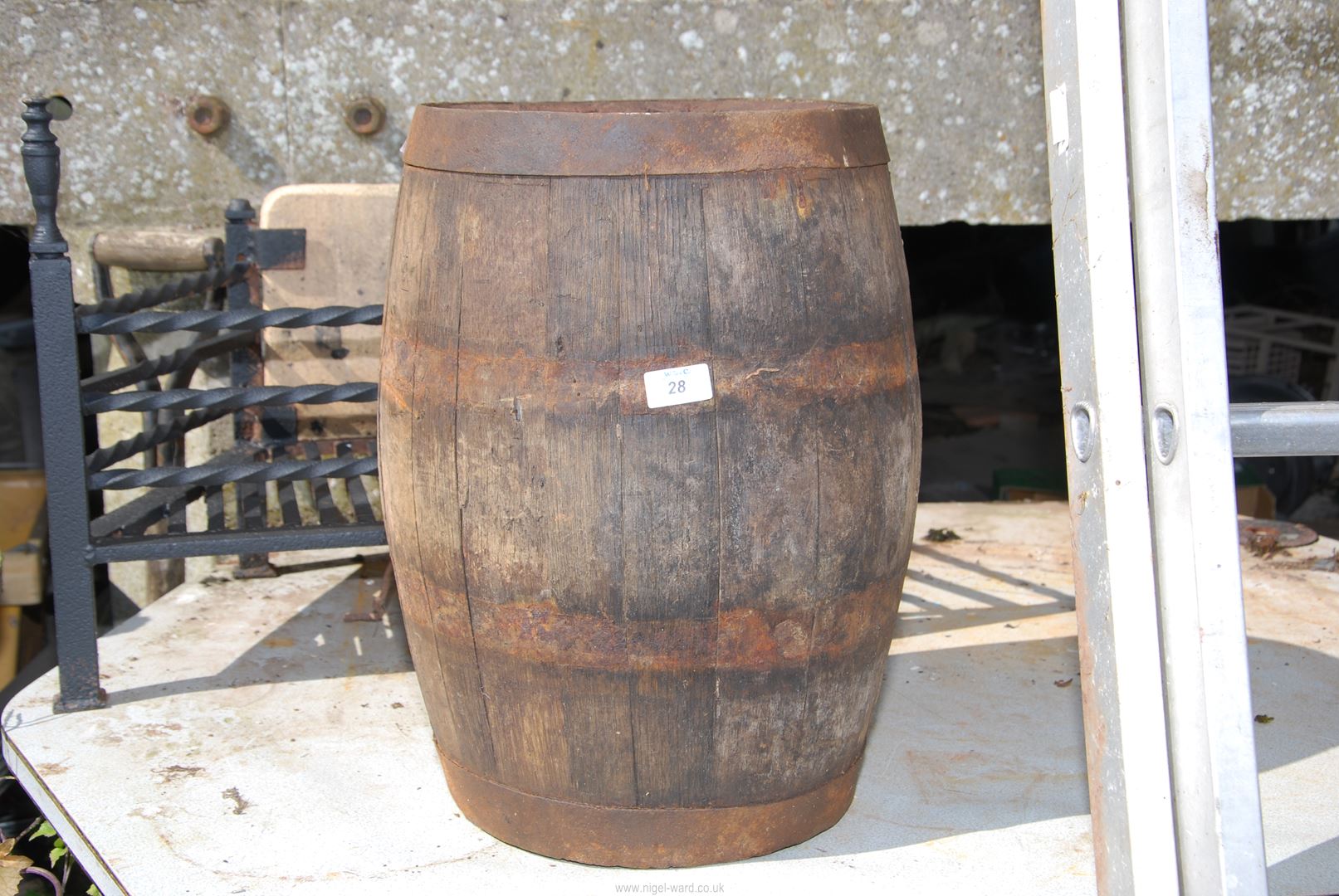 An Oak vinegar barrel (two bands missing), by H.E & Co., Worcester (Hill & Evans).