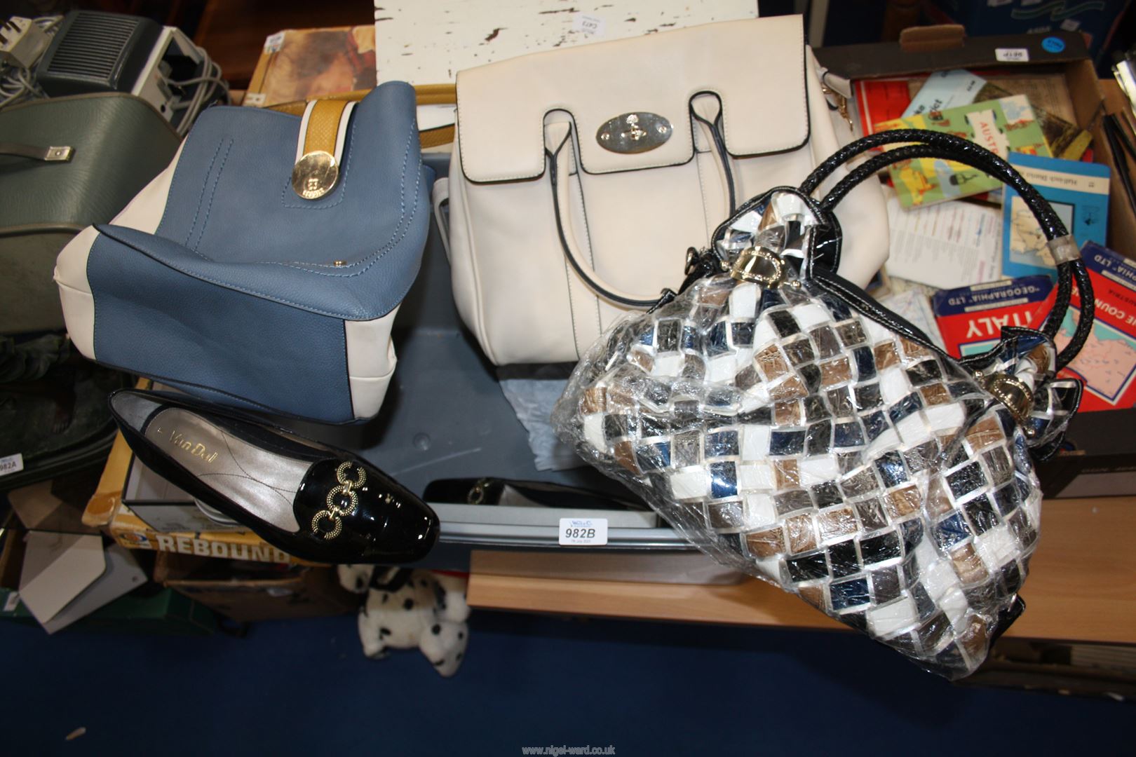 Three ladies handbags and pair of Van Daal size 7 shoes.