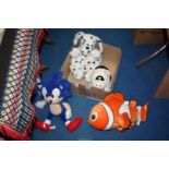 A quantity of soft toys including Sonic, Nemo, Dalmation etc.