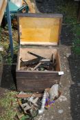 A wooden box and contents of nuts, bolts, gate fasteners, door fixings etc.