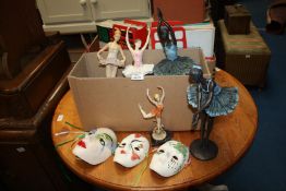 Five ballerina figures and three ceramic wall masks.