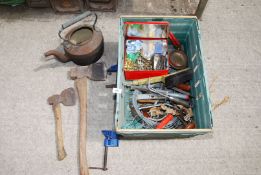 A quantity of miscellanea including small Record 135 sash clamps, tin of brass and steel screws,