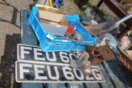 A tray of old Aluminium number plates for decorative use only, combination drawer bar,