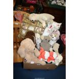 A quantity of soft toys, Panda, Teddy etc., plus four cushions.