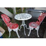 A circular Aluminium patio table and two chairs, 24'' diameter x 27'' high.