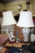 Two table lamps including Capodimonte floral ceramic.