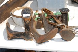 Shoe lasts, old mincer, lifting hooks and enamel ware.