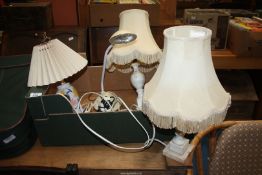A pair of alabaster table lamps with shades, adjustable lamp etc.