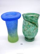 A very heavy vintage mottled satin glass vase having blue streaks merging with lime green and with