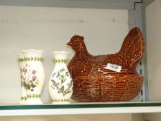A Portmeirion brown glazed Hen on nest, 13 1/2" long, plus three Botanic Garden posy vases,