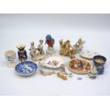 A Gerold Porzellan Kingfisher, miniature blue and white tea bowl, tankard, small figures,