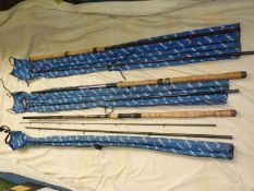 Three Daiwa fishing rods:- Match Whisker, length 12', four sections and two Daiwa Porky Pig,