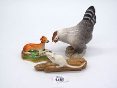 Two Copenhagen china ornaments including a chicken and a mouse on a corn cob plus a small