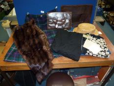 A quantity of miscellanea including leather bags, straw boater, fur stole, ecclesiastical item etc.